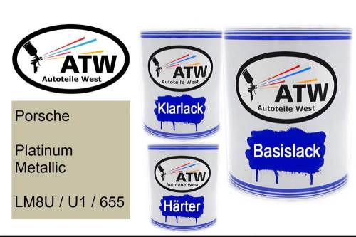 Porsche, Platinum Metallic, LM8U / U1 / 655: 1L Lackdose + 1L Klarlack + 500ml Härter - Set, von ATW Autoteile West.